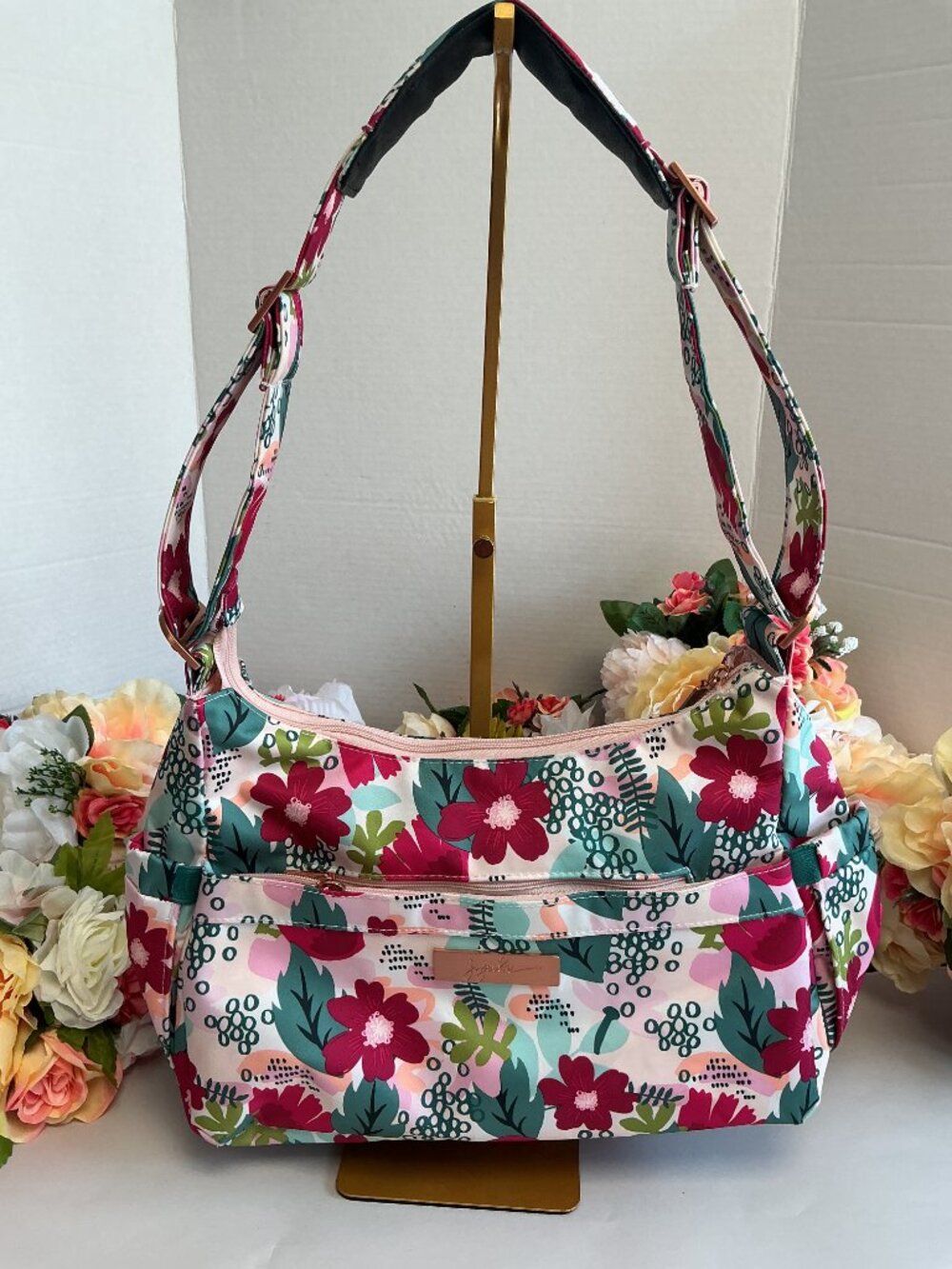 Ju-Ju-Be HoboBe Forget Me Not Floral Diaper Bag Pink Teal Shoulder Changing Pad